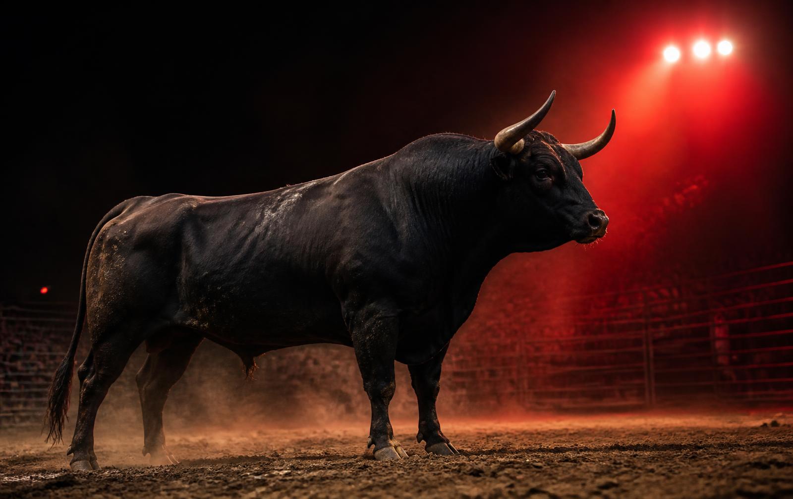 Touro real iluminado por refletores vermelhos na arena do BULL GAME