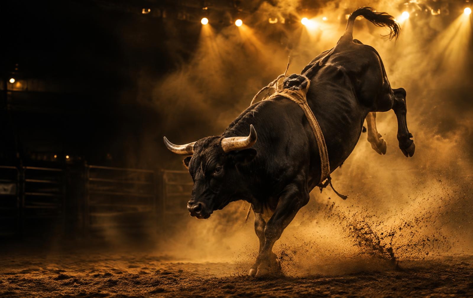 Touro real iluminado por refletores dourados na arena do BULL GAME